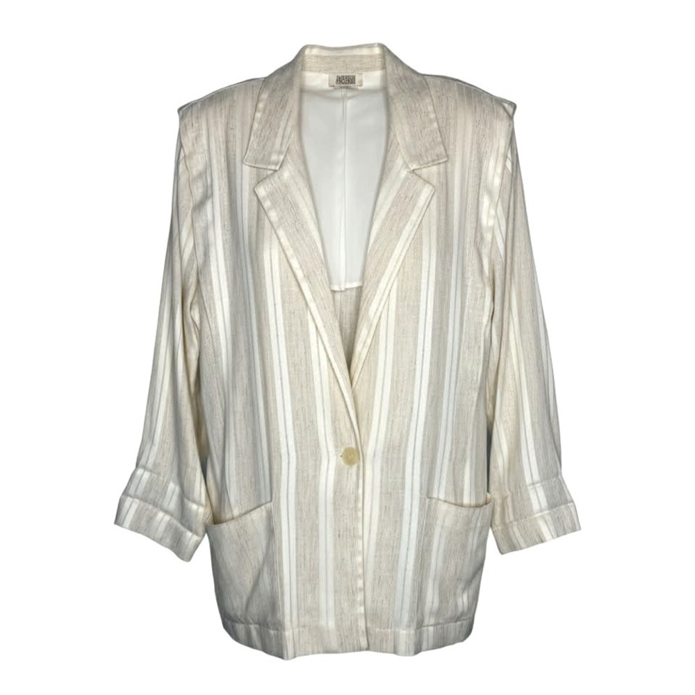 Vintage Flax Blend Blazer Women's Size 12 Jacket striped Cream academia‎ pockets